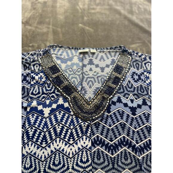 Cato Pull-over Tunic Blouse Plus 22/24W Blue &‎ White Beaded V-neck short sleeve - Picture 4 of 6